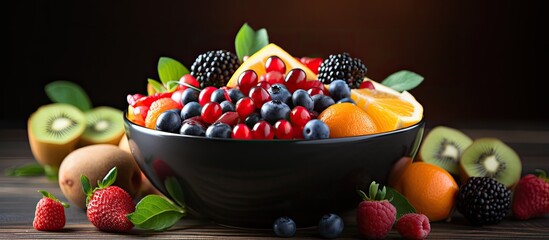 Ceramic bowl holds fruit salad on wooden table with various fruits promoting superfood vegetarianism and healthy living With copyspace for text