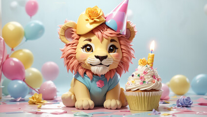 Fototapeta premium cute lion with birthday cake and colorful background