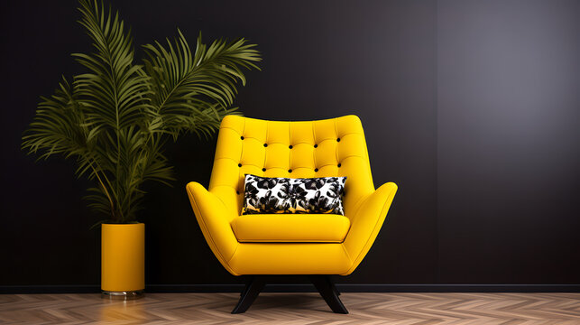 Yellow Chair Against A Black Wall With A Black And White Pillow 