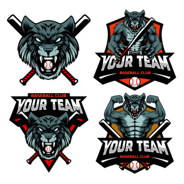 Baseball Shield Emblem Badge Club logo with a mascot of a Wolf head and half a body. set of logo variations