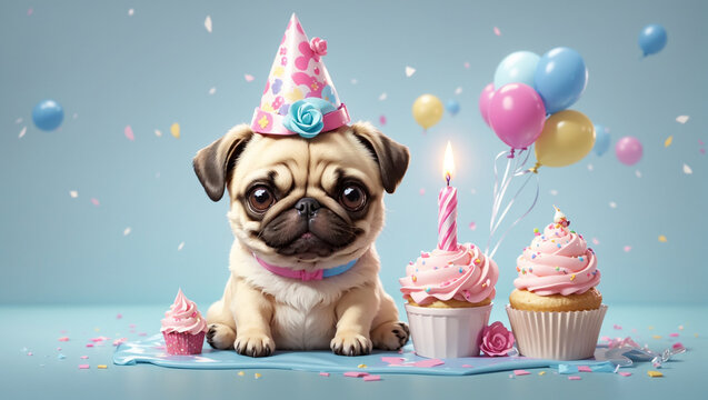 cute dog with birthday cake and colorful background
