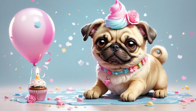 cute pug with birthday cake and colorful background