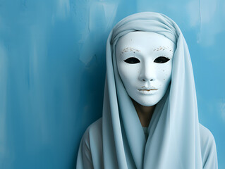  White mask with sad expression on pastel blue background.