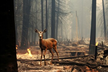 Deer displaced by forest fire. Generative AI