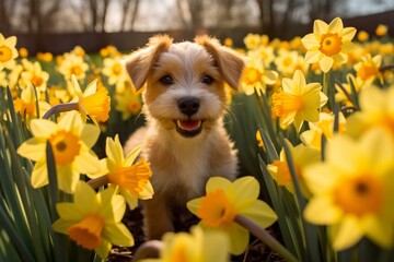 Cheerful puppy surrounded by Easter daffodils, enjoying the springtime. Generative AI - obrazy, fototapety, plakaty