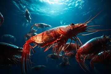 A school of large prawns floating on ocean surface. Generative AI