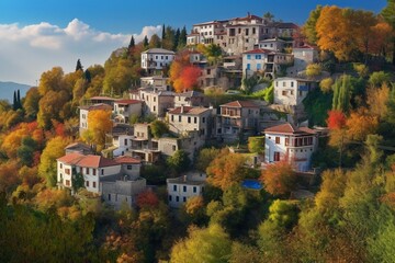 Scenic Greek village on Pelion mountain. Generative AI