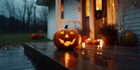 Porch Pumpkin on Halloween Night