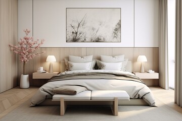 Modern bedroom with Scandinavian interior design. Generative AI