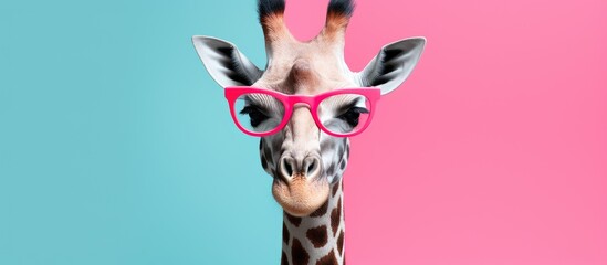Amusing animals in contemporary collage artwork with giraffe and colorful background - obrazy, fototapety, plakaty