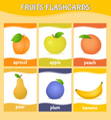 Fruits flash cards for learning fruit vocabulary. Educational cards for kindergarten