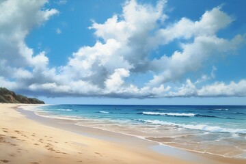Fototapeta na wymiar A painting of a sandy beach with blue water and clouds. Generative AI