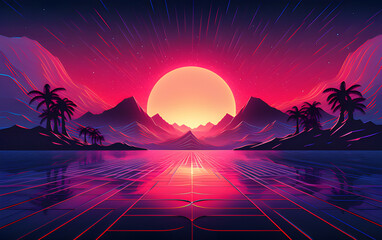 Vaporwave, synthwave retro style neon landscape background with palms, sunset. 80s retro futuristic sci-fi., nostalgic 90s,.