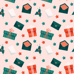 Christmas seamless pattern with presents, greeting card and envelope