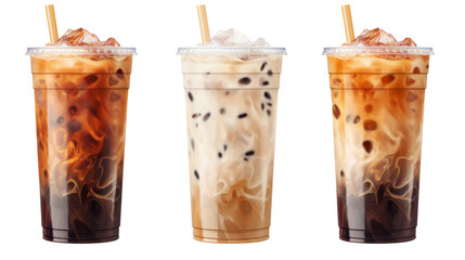 Set of 3 Iced Latte Coffee: A Refreshing Drink in Tall Plastic Cup with Ice Cubes on transparent background, PNG