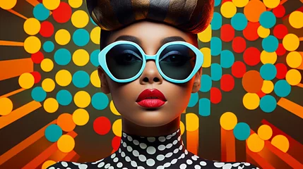 Poster Fashion retro futuristic ebony girl wearing sunglasses. Futuristic pop art fashion woman with geometric pattern background © Patrick