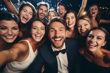 Obraz premium Cheerful crowd cheering. Women and men standing at party night, meeting. Party people celebrating in the club. Generative AI.