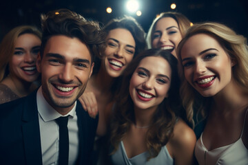 Obraz premium Cheerful crowd cheering. Women and men standing at party night, meeting. Party people celebrating in the club. Generative AI.