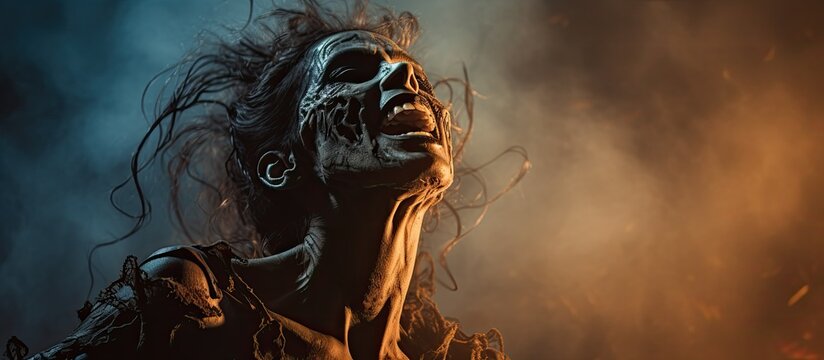 Screaming woman dressed as zombie on Halloween night With copyspace for text