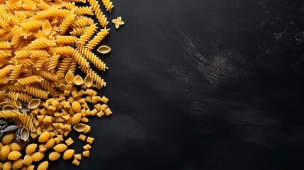 view of pasta on dark background with a large copy space