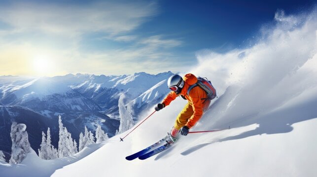 A man riding skis down the side of a snow covered slope