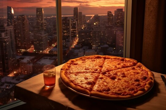An image capturing a pizza with a city view in the background. Generative AI