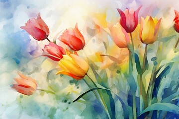 Obraz na płótnie Canvas Watercolor style depiction of tulips and leaves during summer. Generative AI