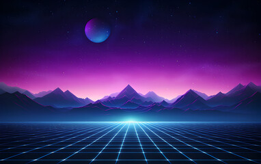 Synthwave, Vaporwave, retro, Pixelated night sky background with mountain. neon light.