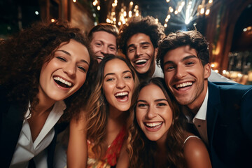 Obraz premium Cheerful crowd cheering. Women and men standing at party night, meeting. Party people celebrating in the club. Generative AI.