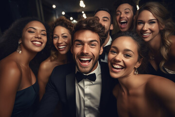 Obraz premium Cheerful crowd cheering. Women and men standing at party night, meeting. Party people celebrating in the club. Generative AI.