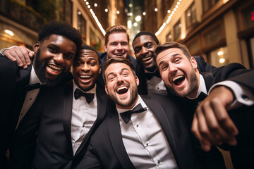 Fototapeta premium Cheerful crowd cheering. Women and men standing at party night, meeting. Party people celebrating in the club. Generative AI.