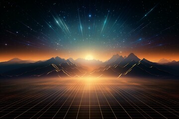 1980s mountain background with sun, starry grid, and smoke. Generative AI