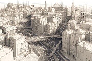3D sketch of a cityscape with architectural structures and paved pathways. Generative AI