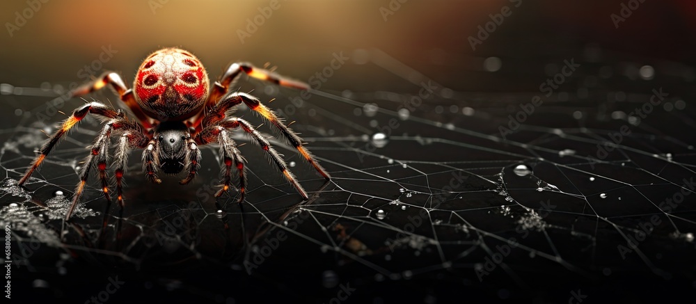 Poster spider capturing its prey in its web with copyspace for text