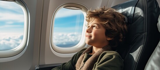 Boy sitting in airplane seat looking at sky and clouds out window With copyspace for text