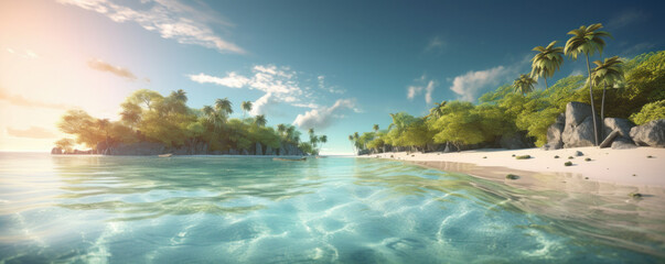 The perfect paradise a tropical beach surrounded by palm trees and rocky cliffs. The serenity of this scene is AI generative.