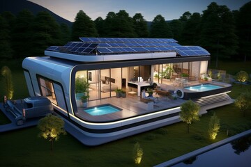 A contemporary residence with a hydrogen setup for storing solar energy and fueling electric or hydrogen vehicles. Visualized in 3D. Generative AI