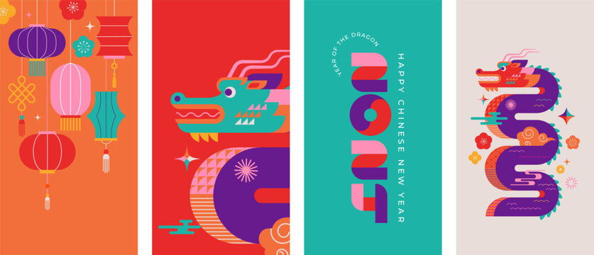 Lunar new year vertical background, banner, social media story template. Chinese New Year 2024 , Year of the Dragon. Geometric modern style