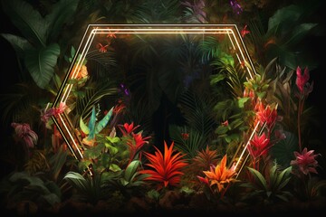 Illuminated tropical plants in a jungle environment with a neon diamond-shaped frame. Generative AI