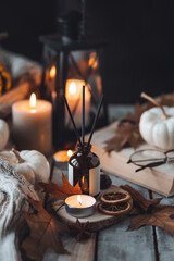 Home comfort, coziness, aromatherapy. Cozy fall interior with knitted wool warm sweater, burning candles and autumn aroma perfume diffuser. Pumpkin pie scent, maple sirup, cinnamon, anise, dry citrus