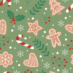 Gingerbread seamless pattern. Festive background with cookies, candies, leaves and berries on a green background