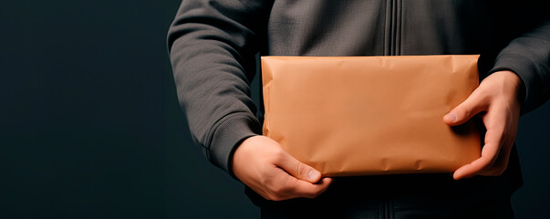 A package in the hands of a courier. Mockup for product branding.