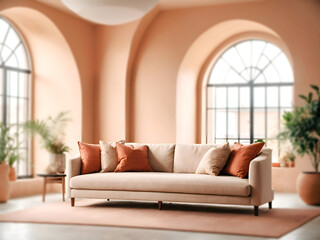 Interior of a rustic loft home modern living room, blurred background, Couch in focus, furniture, luxury home.