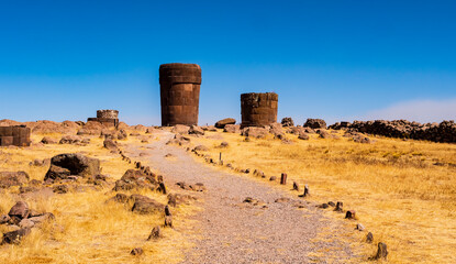 Amazing view of Sillustani archeological site and its iconic funeray towers, Puno region, Peru