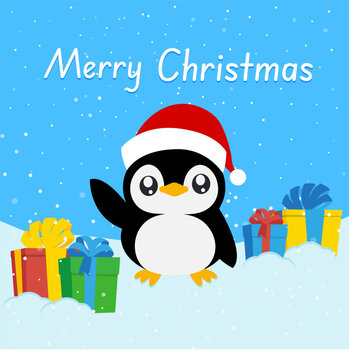 new year card with penguin and gifts, it's snowing merry christmas
