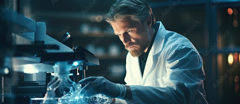 Poster forensic scientist analyzing hair dna in lab with copyspace for text
