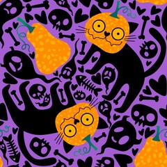Fototapeta na wymiar Cartoon doodle Halloween seamless cats and pumpkins and skulls and bones pattern for wrapping paper