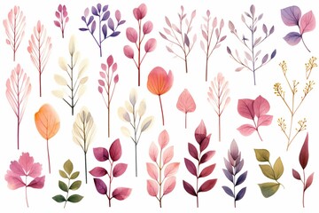 Illustrations of plant patterns in watercolor style on a white background. Generative AI