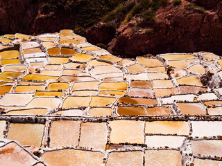 Stunning detail of the famous salt ponds of Maras in the sacred valley of Incas, Cusco region, Peru