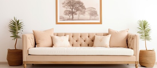 Fototapeta na wymiar Cozy living room with beige couch white wall molding and watercolor poster With copyspace for text